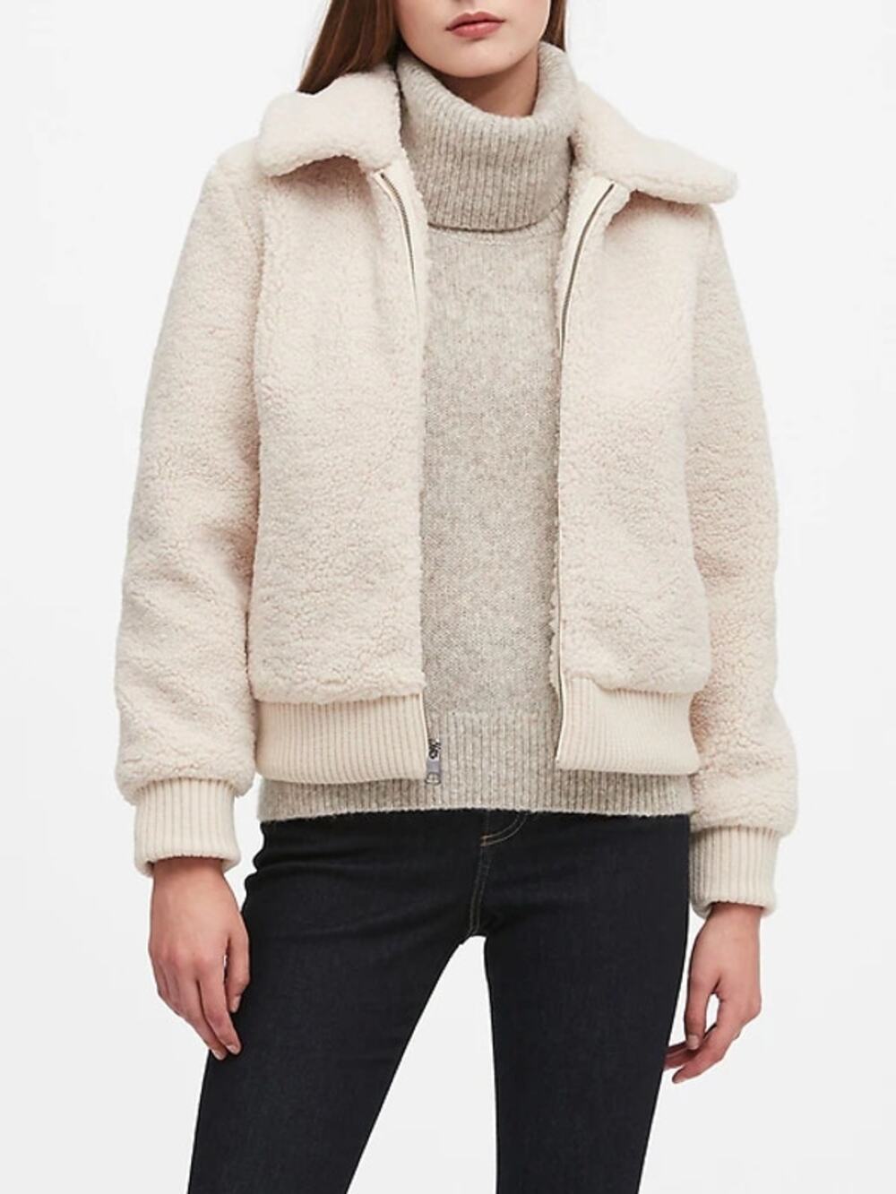 Banana Republic Cream Long Sleeve Full Zip Teddy Sherpa Bomber Jacket Size XS